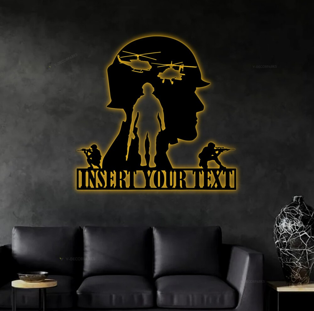 Personalized Army Soldiers Silhouette Metal Lighted Sign